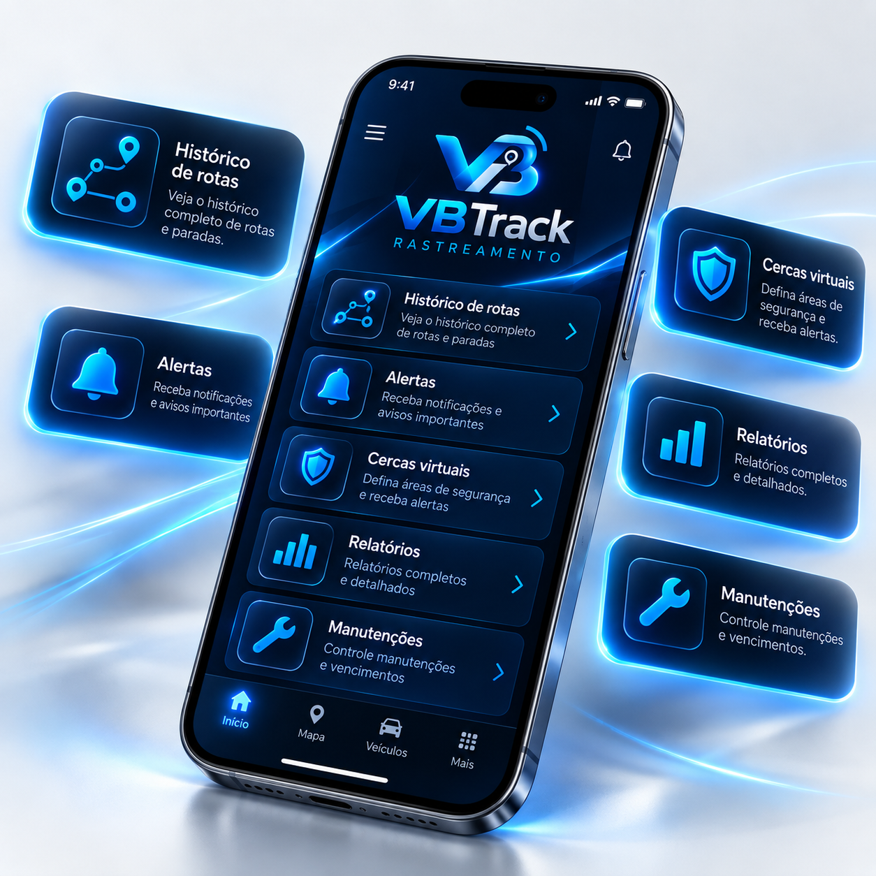 App VBTrack Rastreamento com localização, histórico de rotas, alertas, relatórios, cercas virtuais e manutenções