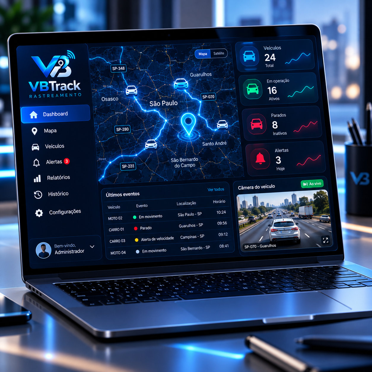 Plataforma VBTrack Rastreamento em um notebook com dashboard de rastreamento em tempo real